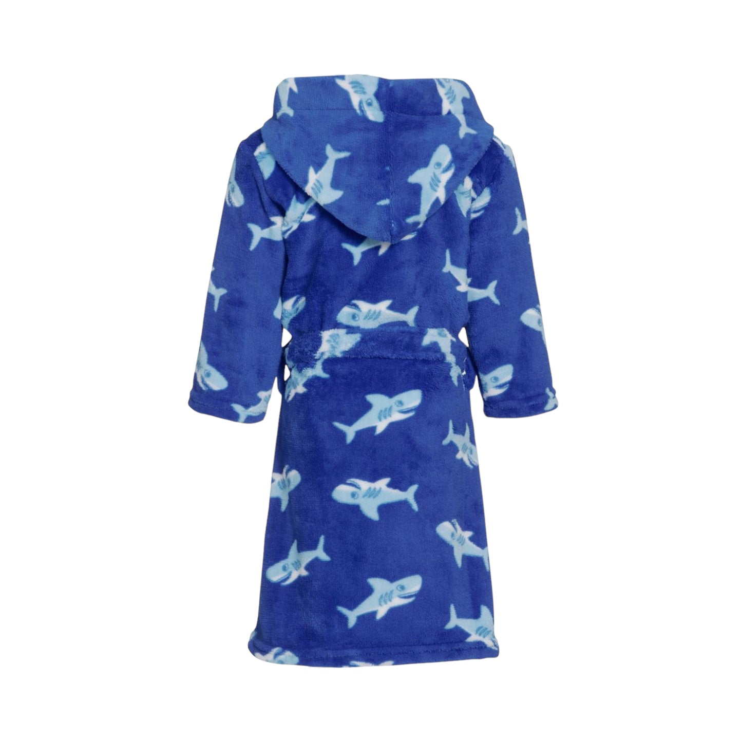 Fleece-Bademantel für Kinder in blau mit Haien von hinten