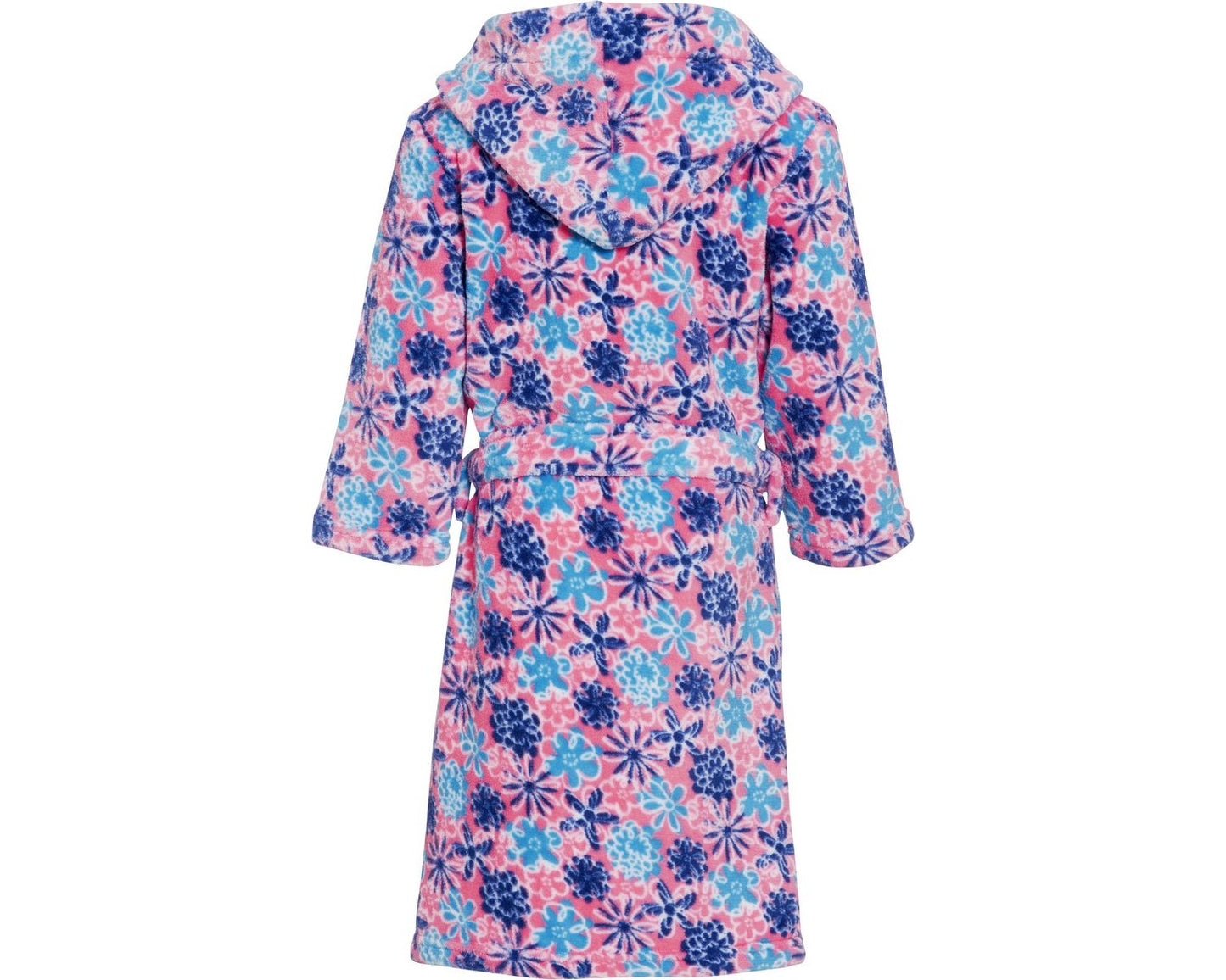Fleece-Bademantel für Kinder in rosa mit blauen Blumen von hinten