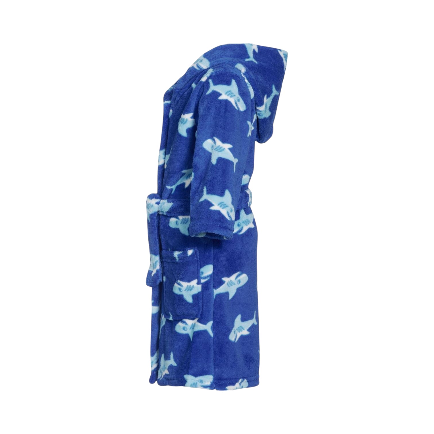 Fleece-Bademantel für Kinder in blau mit Haien Seitenansicht