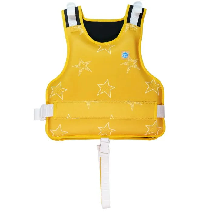 Verstellbare Kinder Schwimmweste Gelbe Sterne von vorn mit Schrittgurt