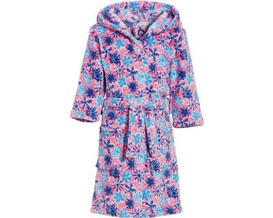 Fleece-Bademantel für Kinder in rosa mit blauen Blumen