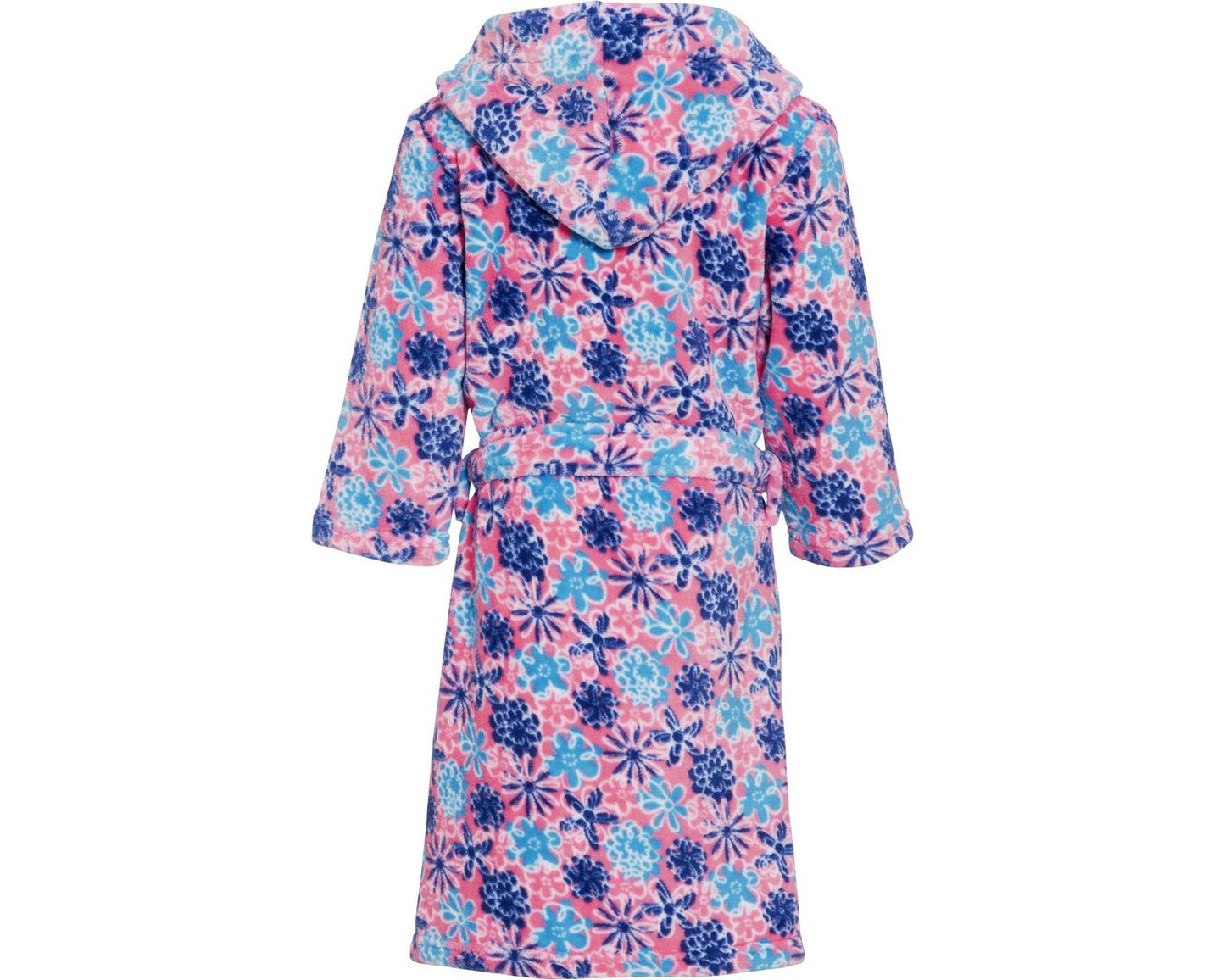 Fleece-Bademantel für Kinder in rosa mit blauen Blumen von hinten