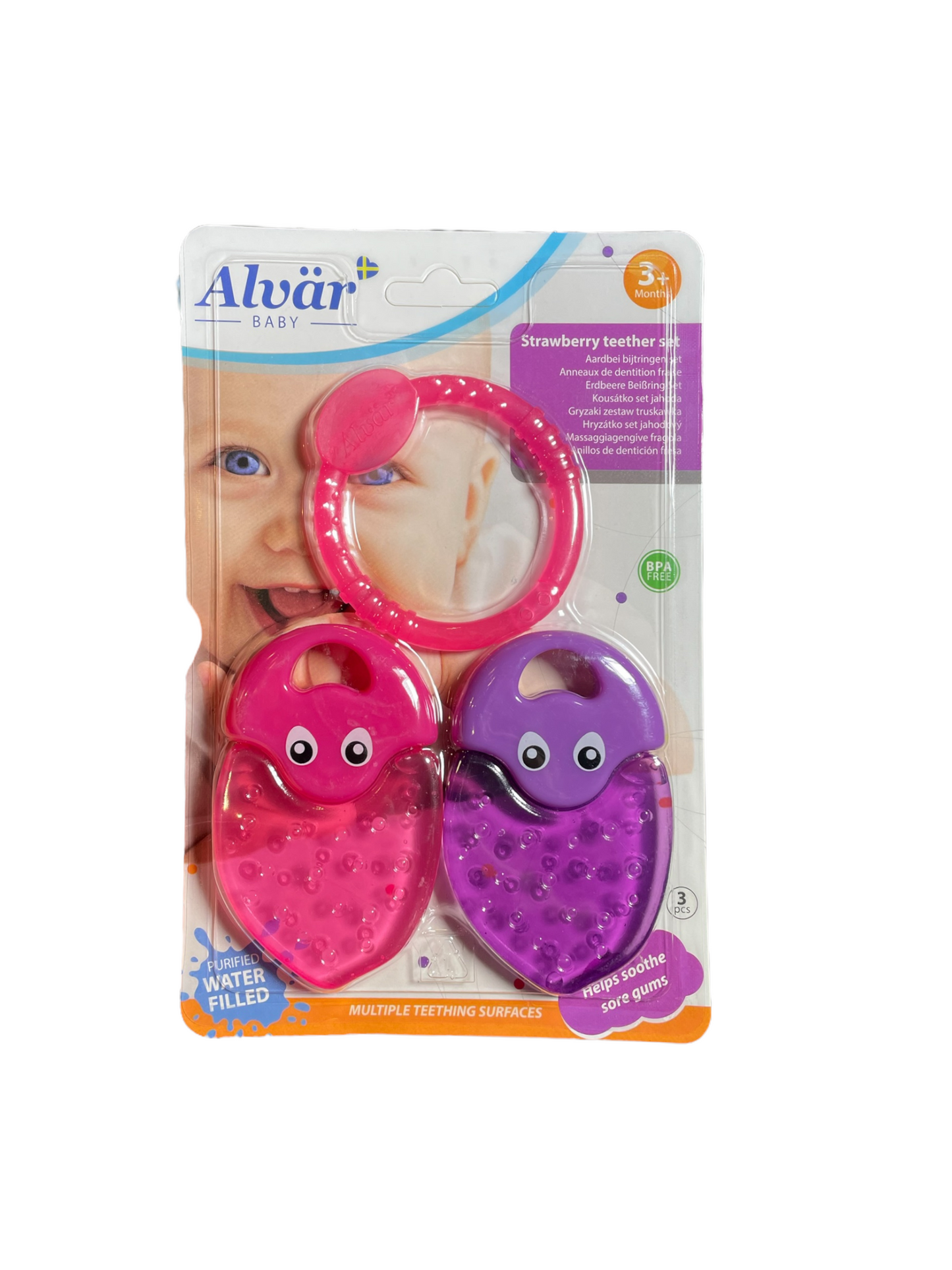 Kühlbeißringe für Babys und Kleinkinder zum Zahnen im Set in pink und violett